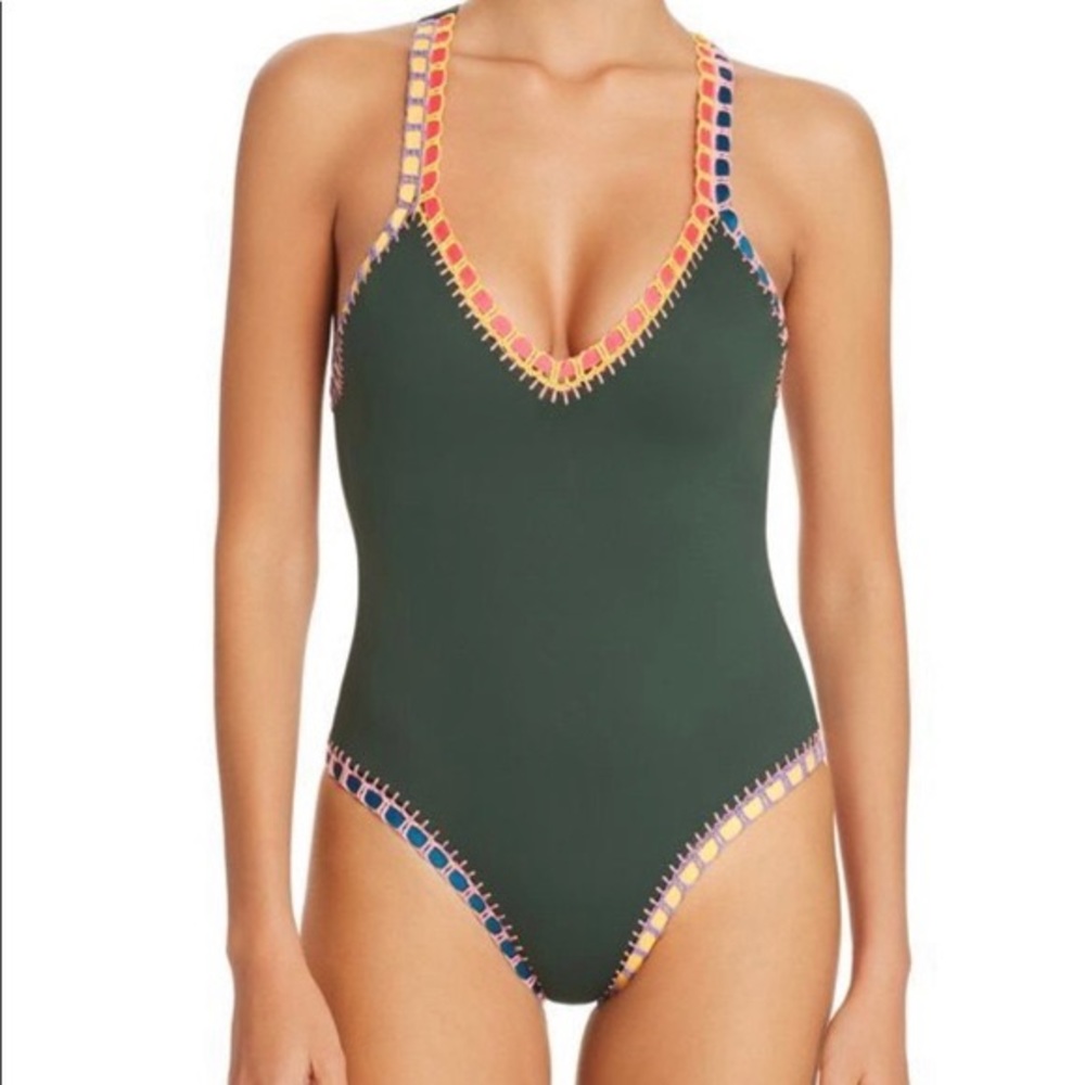Platinum Swimwear green one- piece with crochet